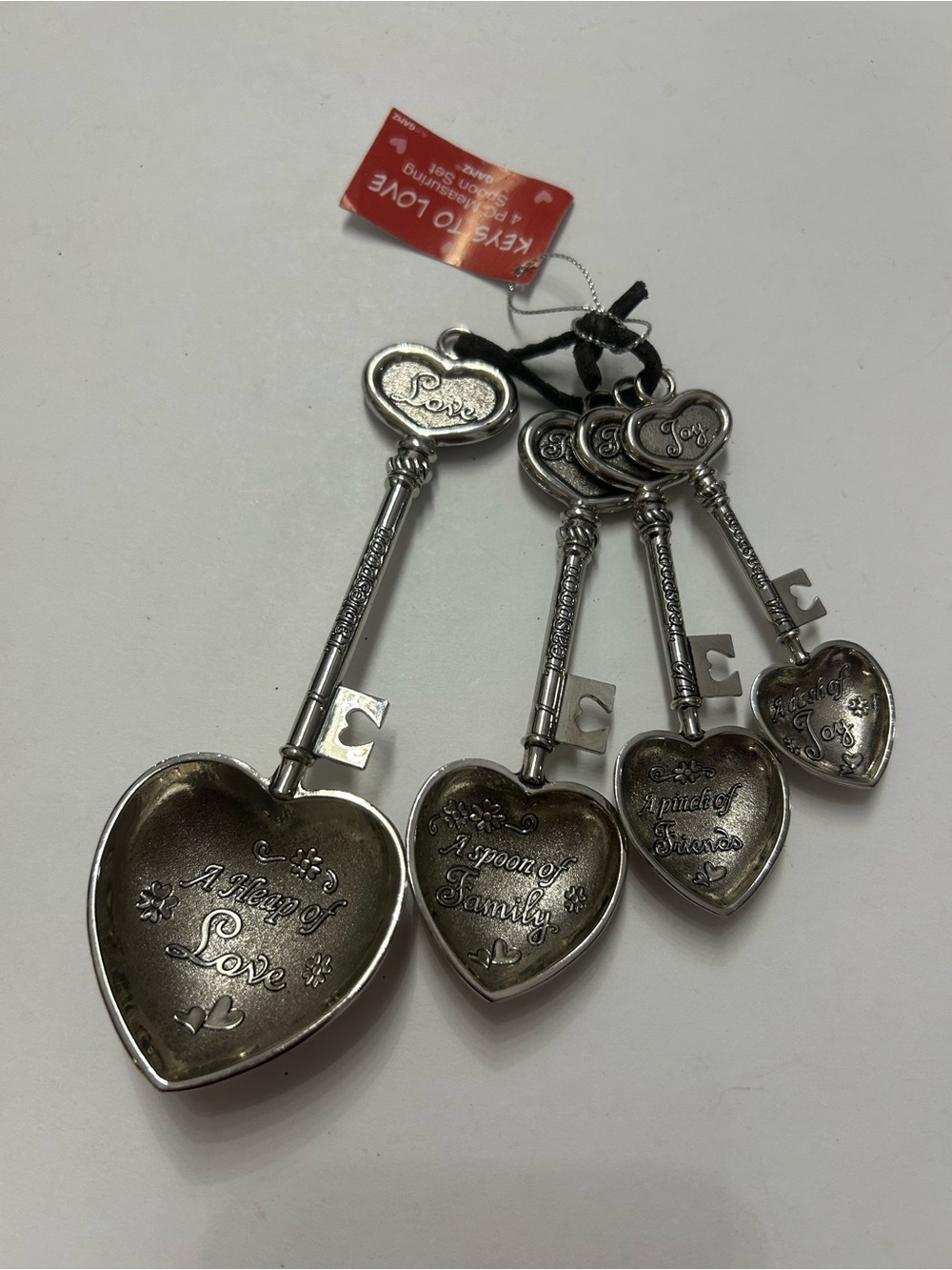 Heart Shaped Measuring Spoons Metal Silver Tone GANZ Engraved Set of Four Keys